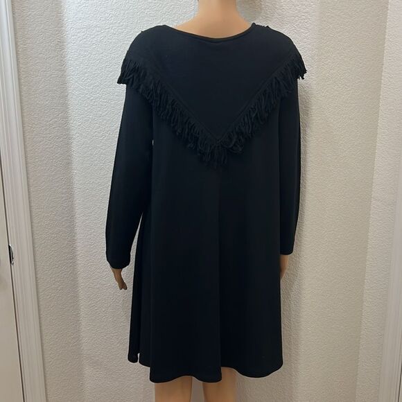 CL Carol Little Dress Sz 6 Black Wool Scoop Neck Long Sleeve Gem Stone Fringe - Picture 7 of 14